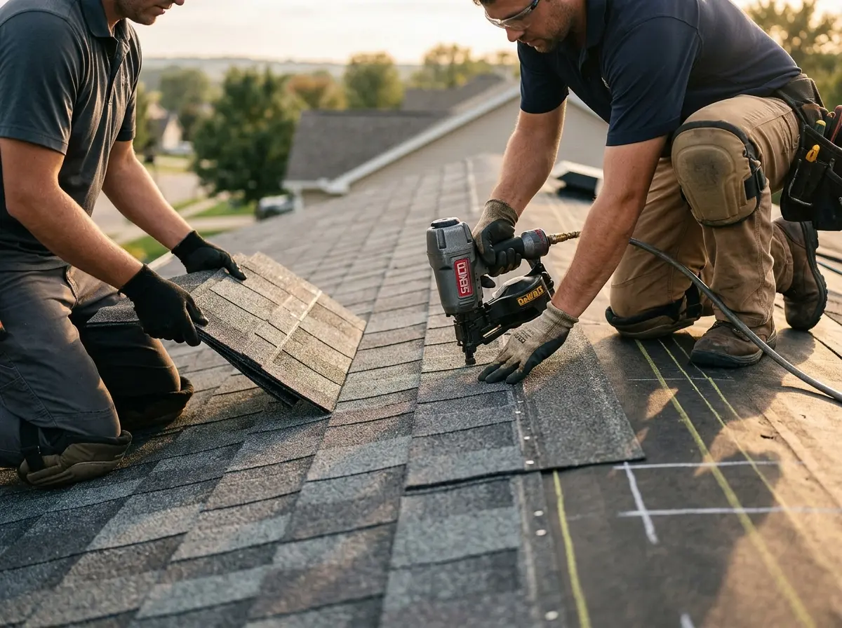 Professional roofer working on a residential roof in Cooper